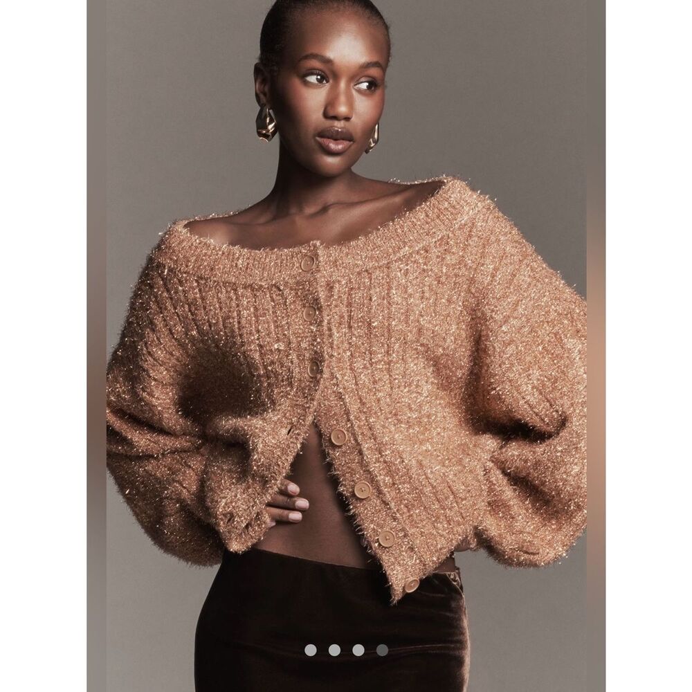 Anthropologie Boat-Neck Sparkly Tinsel Cardigan Sweater Mink Blush XL NWT